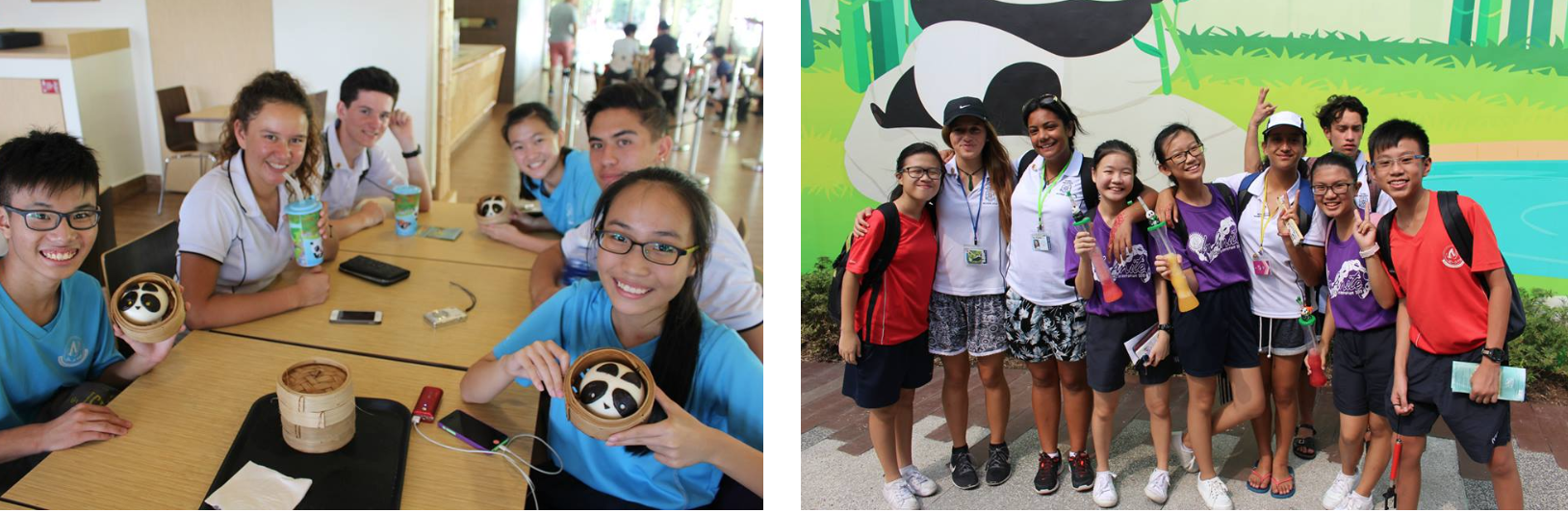 Two photos of teens: left shows students at a table with panda buns; right shows a group posing before a panda mural.